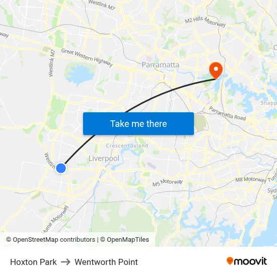 Hoxton Park to Wentworth Point map