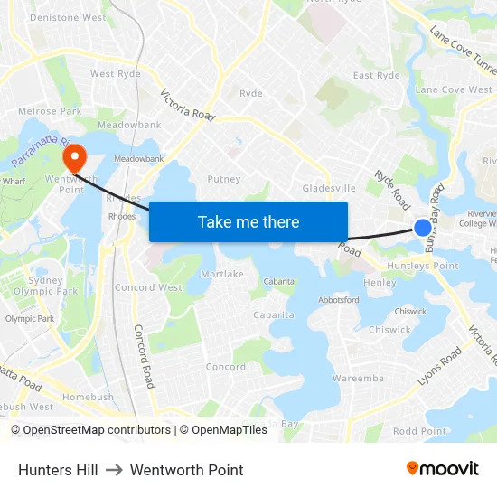 Hunters Hill to Wentworth Point map