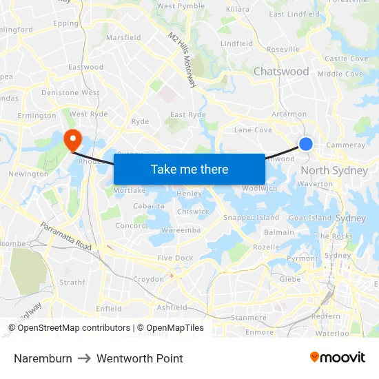 Naremburn to Wentworth Point map