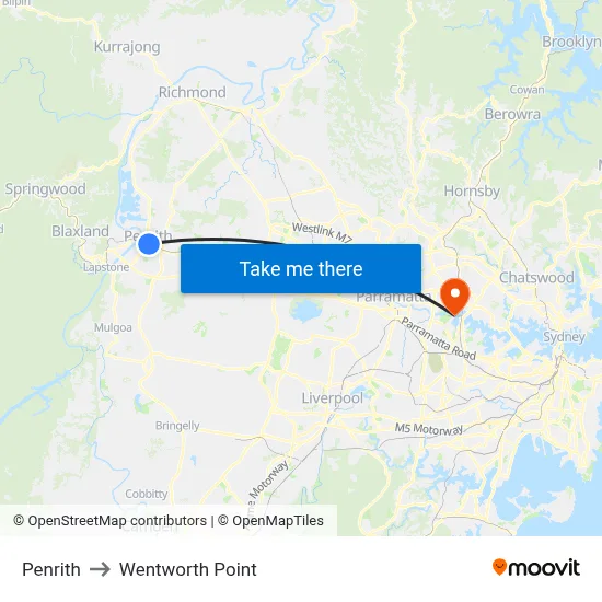 Penrith to Wentworth Point map
