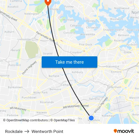 Rockdale to Wentworth Point map