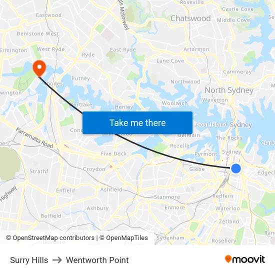 Surry Hills to Wentworth Point map