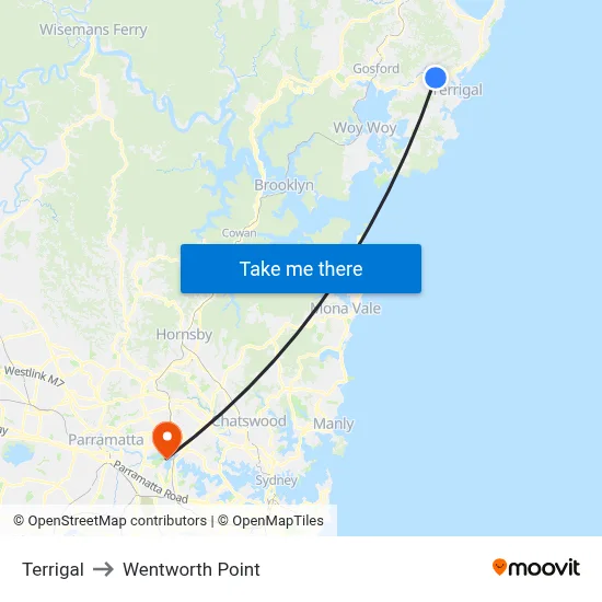 Terrigal to Wentworth Point map