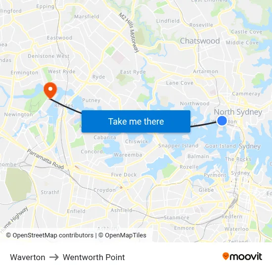 Waverton to Wentworth Point map
