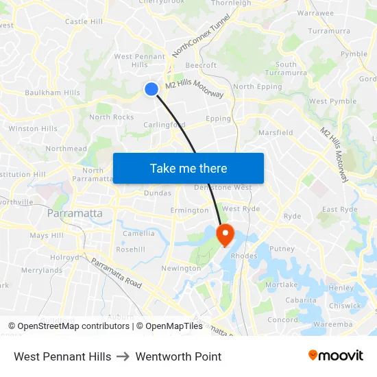 West Pennant Hills to Wentworth Point map