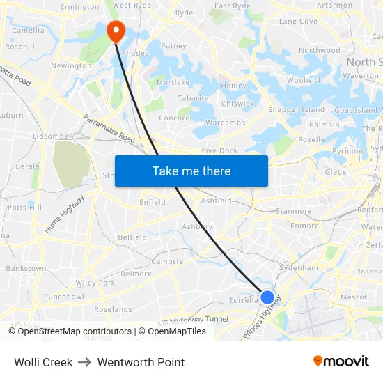 Wolli Creek to Wentworth Point map