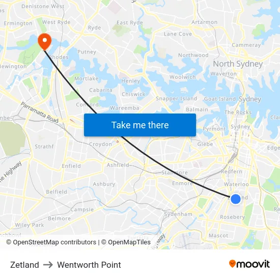 Zetland to Wentworth Point map
