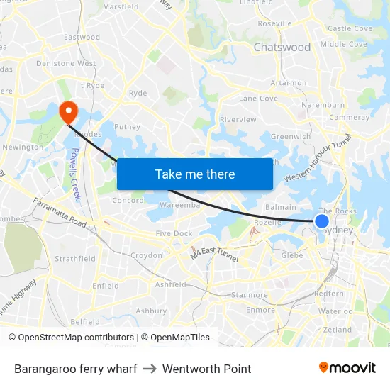 Barangaroo ferry wharf to Wentworth Point map