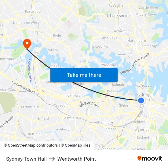 Sydney Town Hall to Wentworth Point map