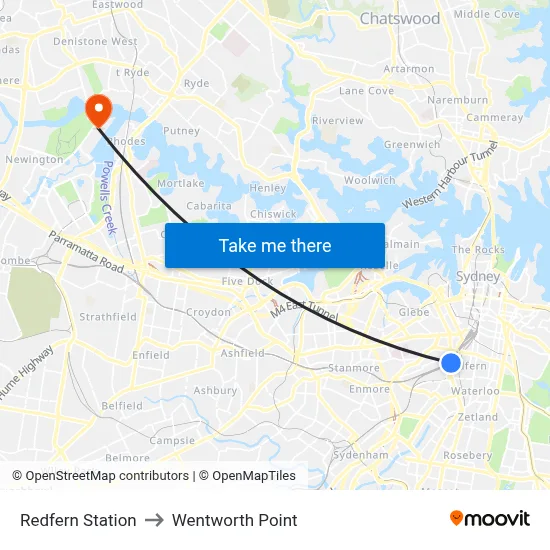 Redfern Station to Wentworth Point map