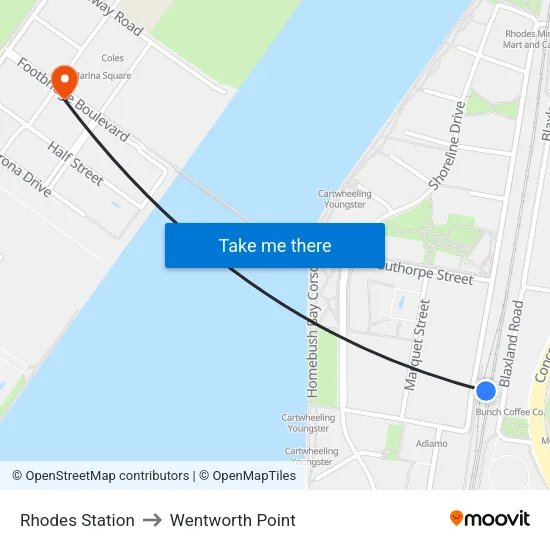 Rhodes Station to Wentworth Point map