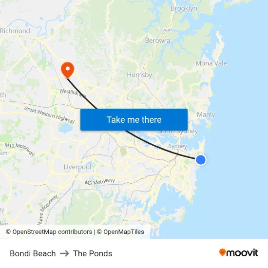 Bondi Beach to The Ponds map
