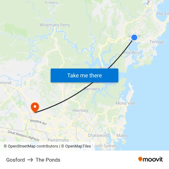 Gosford to The Ponds map