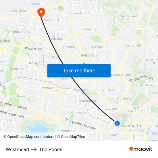 Westmead to The Ponds map