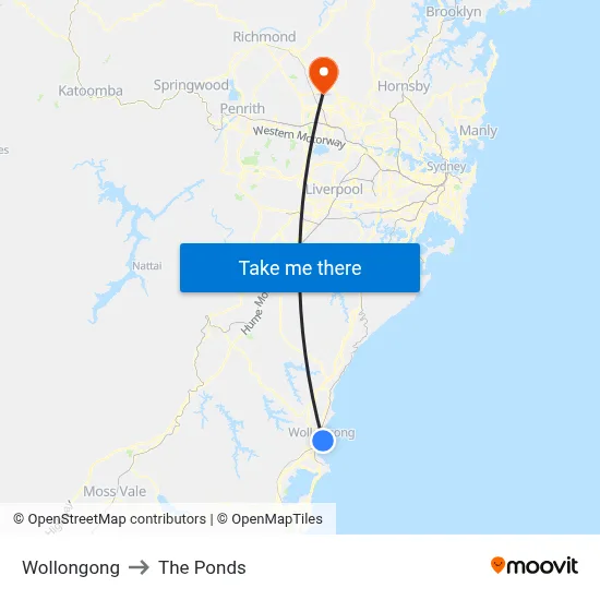 Wollongong to The Ponds map