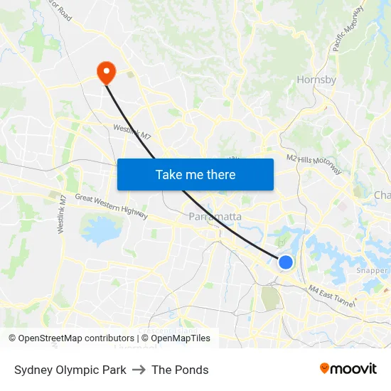 Sydney Olympic Park to The Ponds map