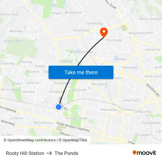 Rooty Hill Station to The Ponds map