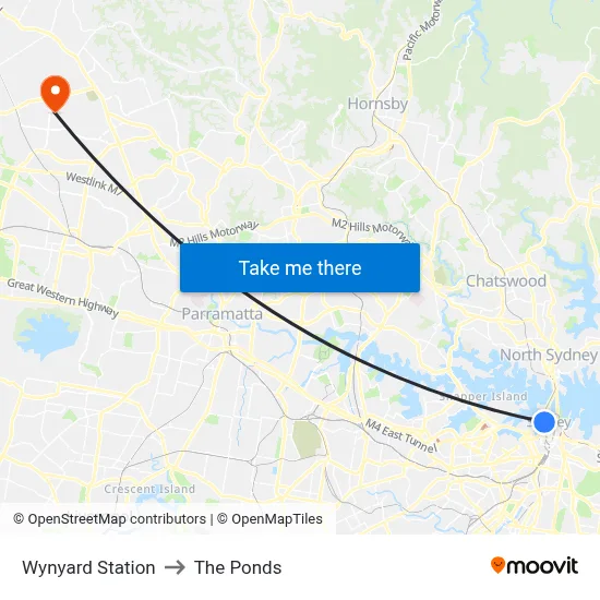 Wynyard Station to The Ponds map
