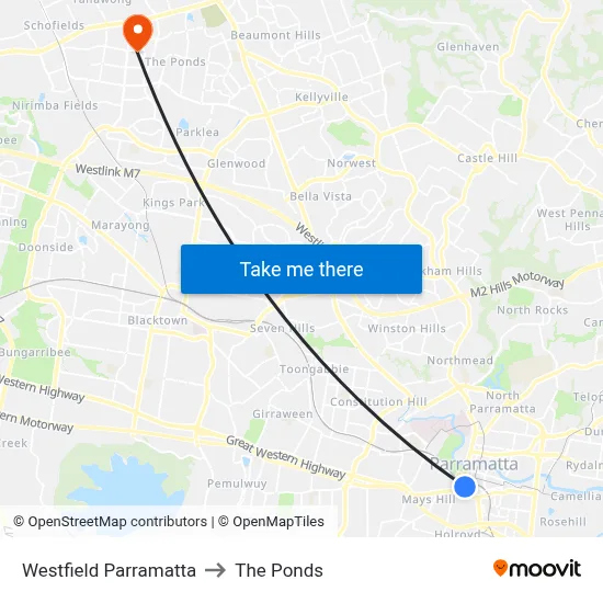 Westfield Parramatta to The Ponds map