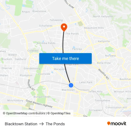 Blacktown Station to The Ponds map