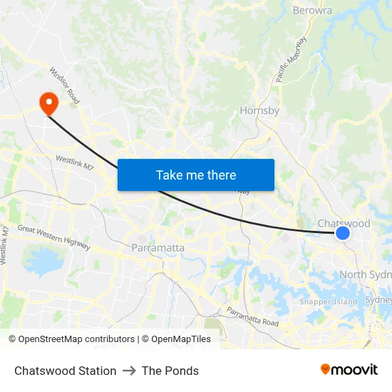 Chatswood Station to The Ponds map