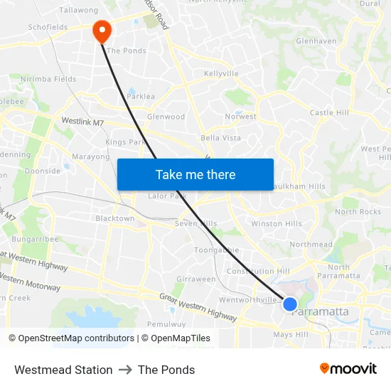 Westmead Station to The Ponds map