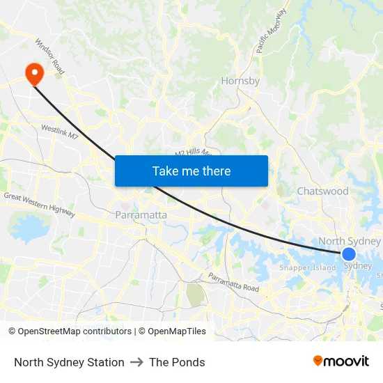 North Sydney Station to The Ponds map