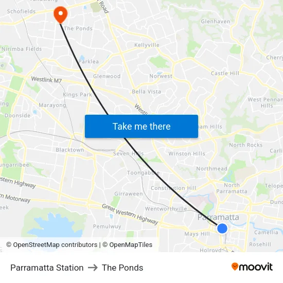 Parramatta Station to The Ponds map