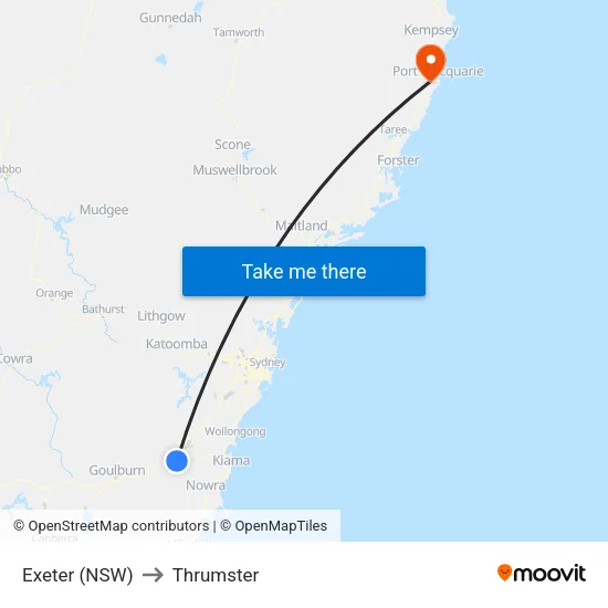 Exeter (NSW) to Thrumster map