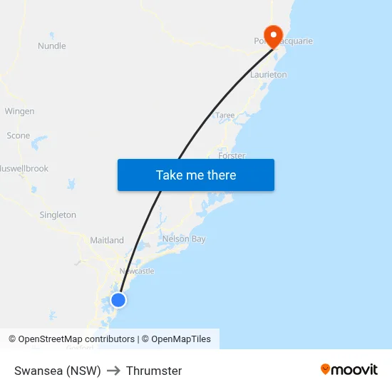 Swansea (NSW) to Thrumster map