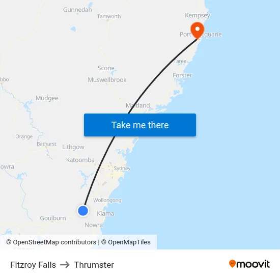 Fitzroy Falls to Thrumster map
