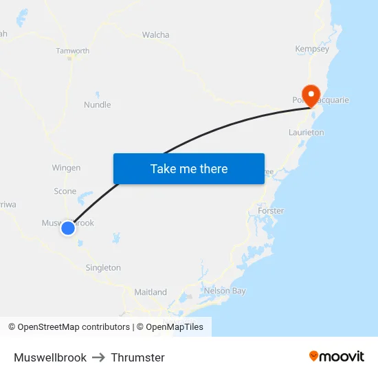 Muswellbrook to Thrumster map