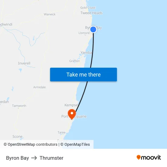 Byron Bay to Thrumster map