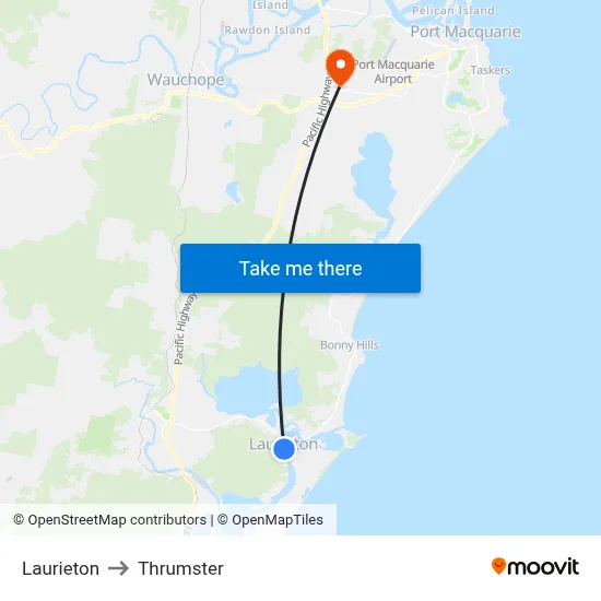 Laurieton to Thrumster map
