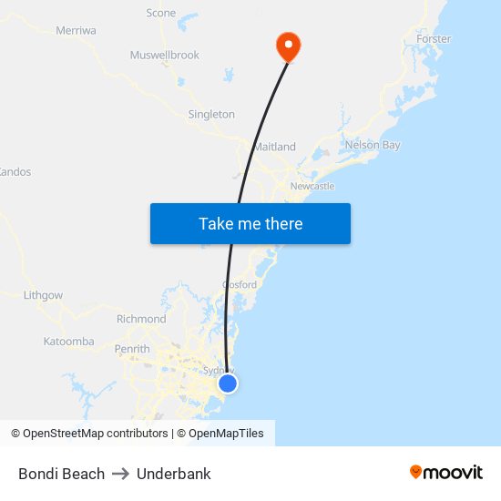 Bondi Beach to Underbank map
