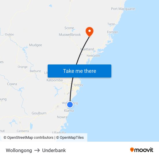 Wollongong to Underbank map
