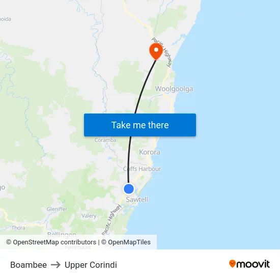 Boambee to Upper Corindi map