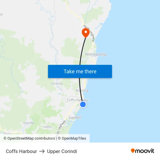 Coffs Harbour to Upper Corindi map
