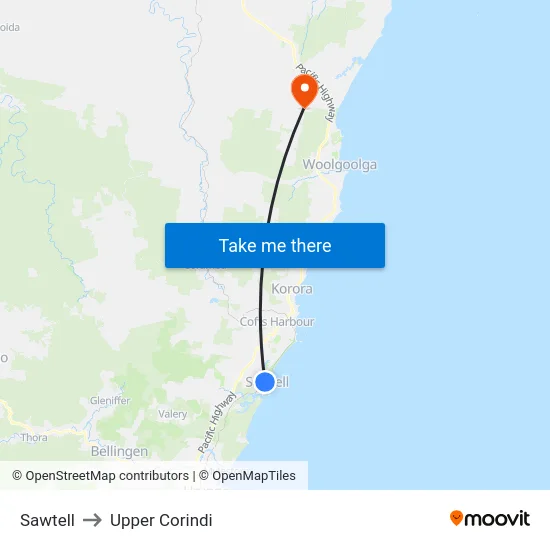 Sawtell to Upper Corindi map