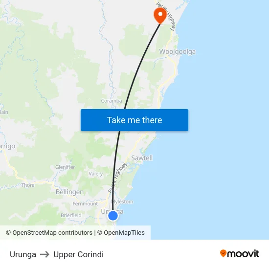 Urunga to Upper Corindi map