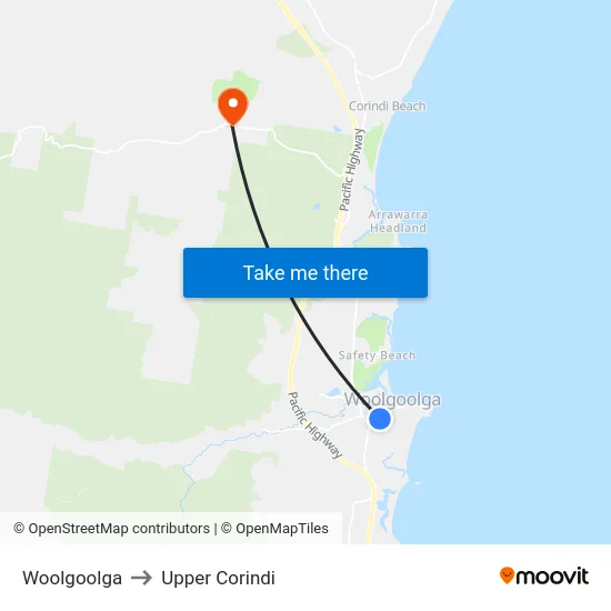 Woolgoolga to Upper Corindi map