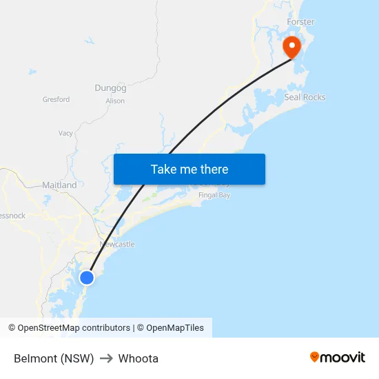 Belmont (NSW) to Whoota map