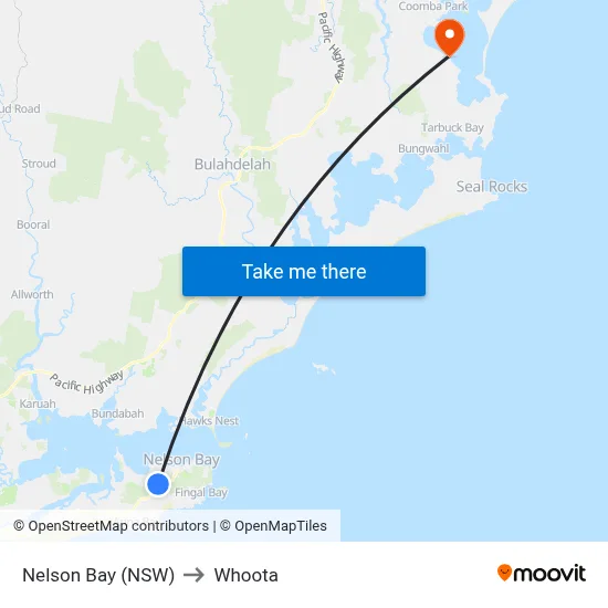 Nelson Bay (NSW) to Whoota map