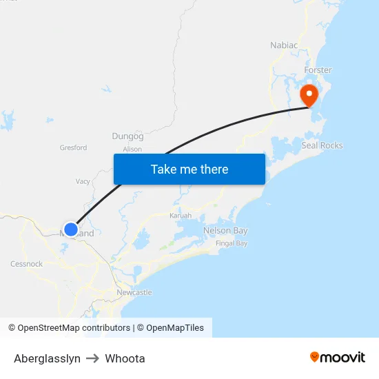 Aberglasslyn to Whoota map