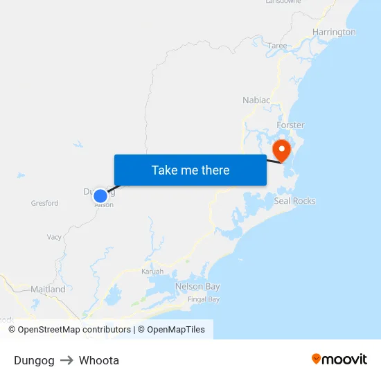 Dungog to Whoota map