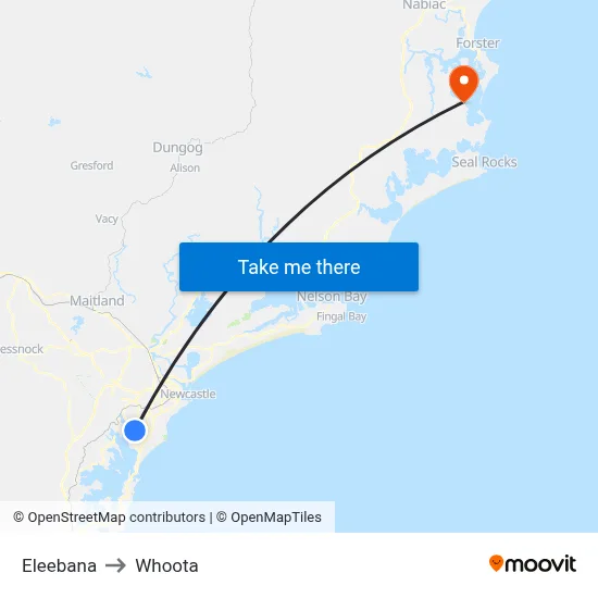Eleebana to Whoota map