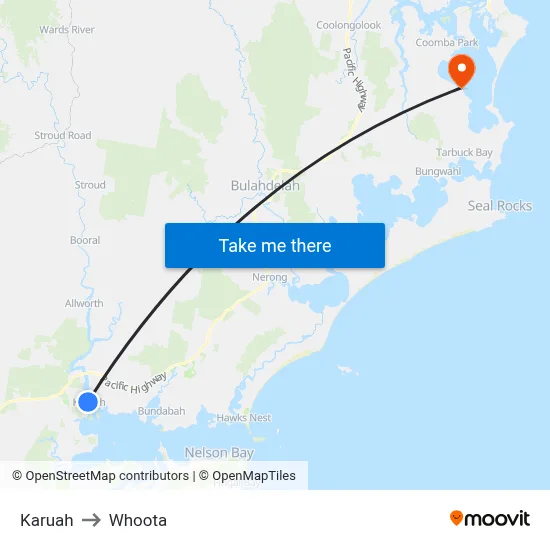 Karuah to Whoota map