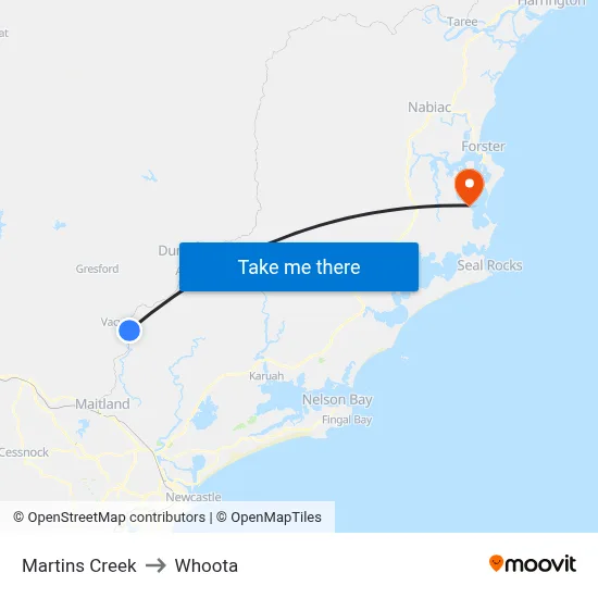 Martins Creek to Whoota map