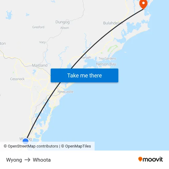 Wyong to Whoota map