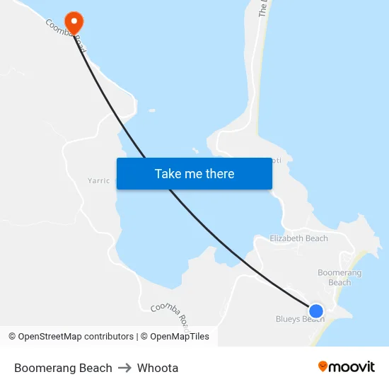 Boomerang Beach to Whoota map